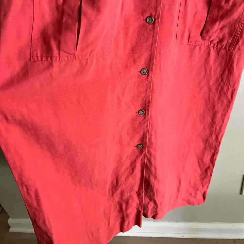 Talbots Linen Blend Shirt-Dress With Pockets Short Sleeve Red Rustic M-L